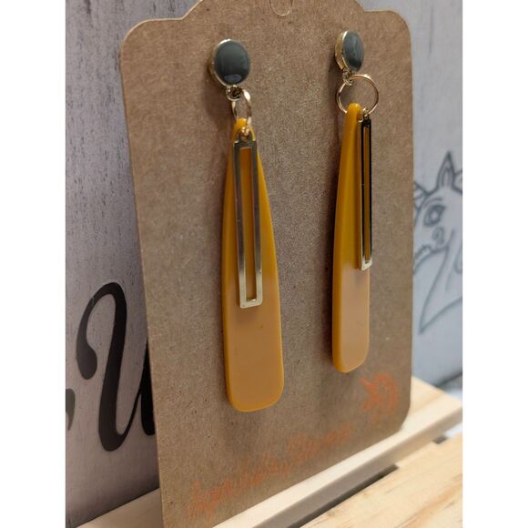 Retro Mustard Yellow & Gold Drop Earrings - Picture 8 of 8